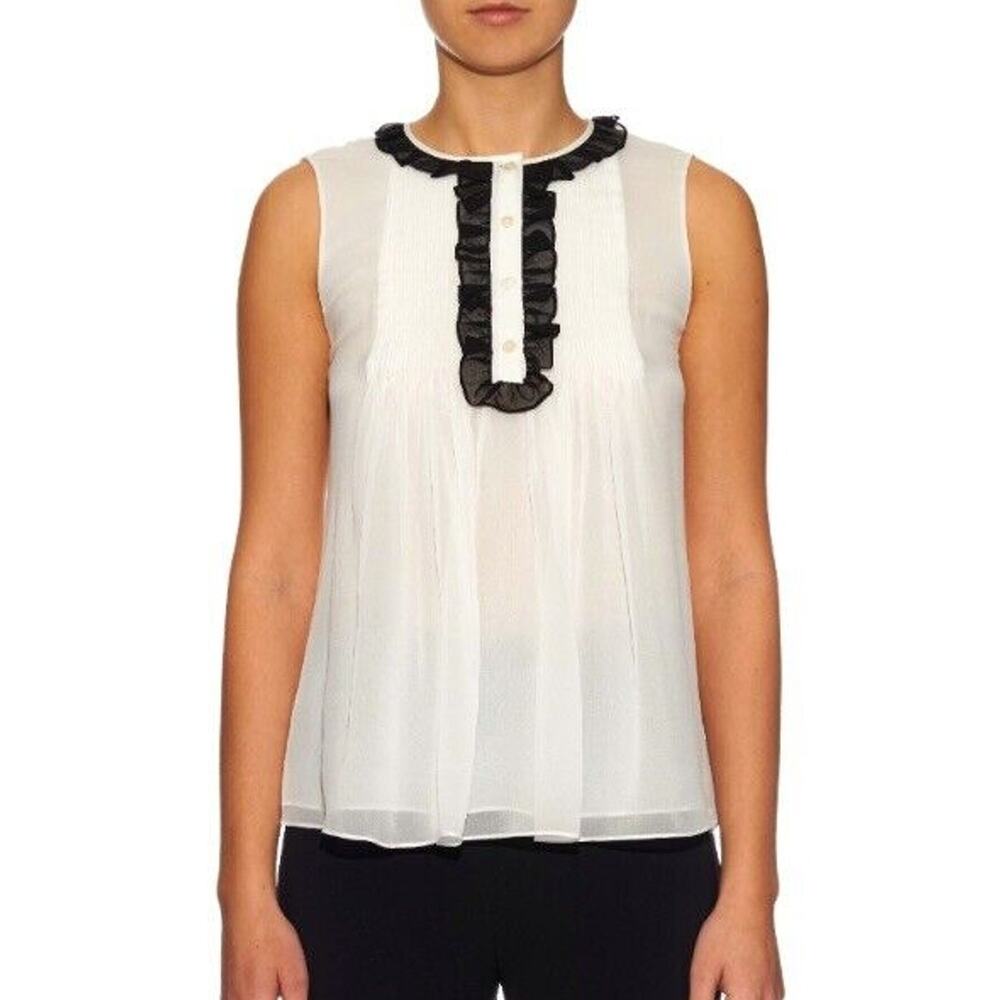 Diane Von Furstenberg Betsy Silk Tuxedo Blouse Black Ivory Sheer Ruffle Womens 8